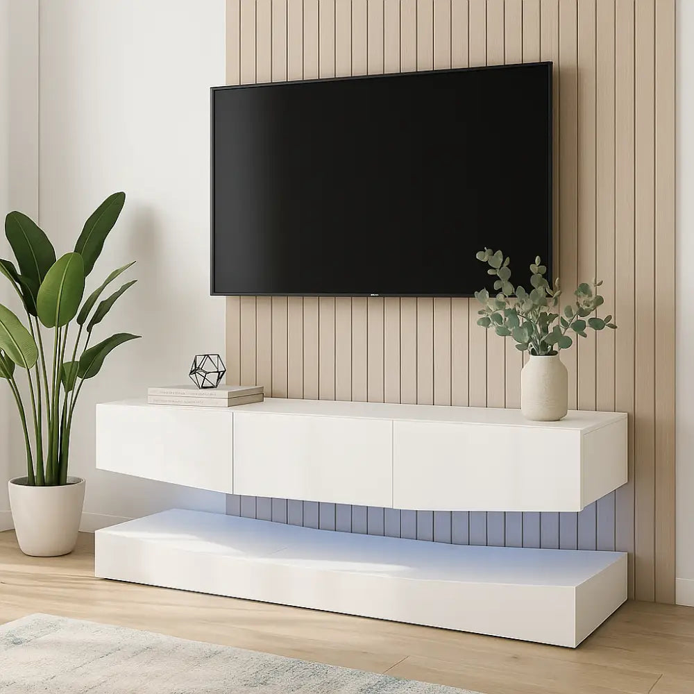 Meuble TV suspendu blanc brillant - Meuble TV