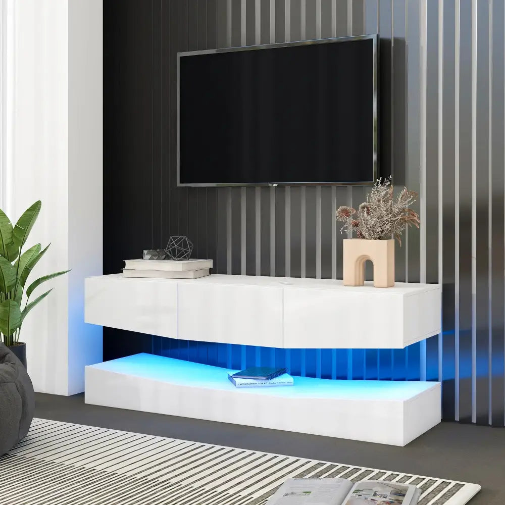 Meuble TV suspendu blanc brillant - Meuble TV