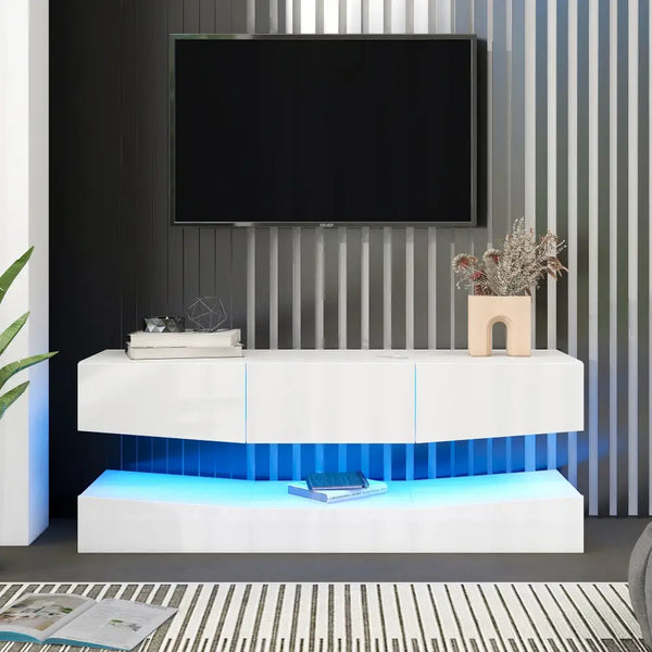 Meuble TV suspendu blanc brillant - Meuble TV